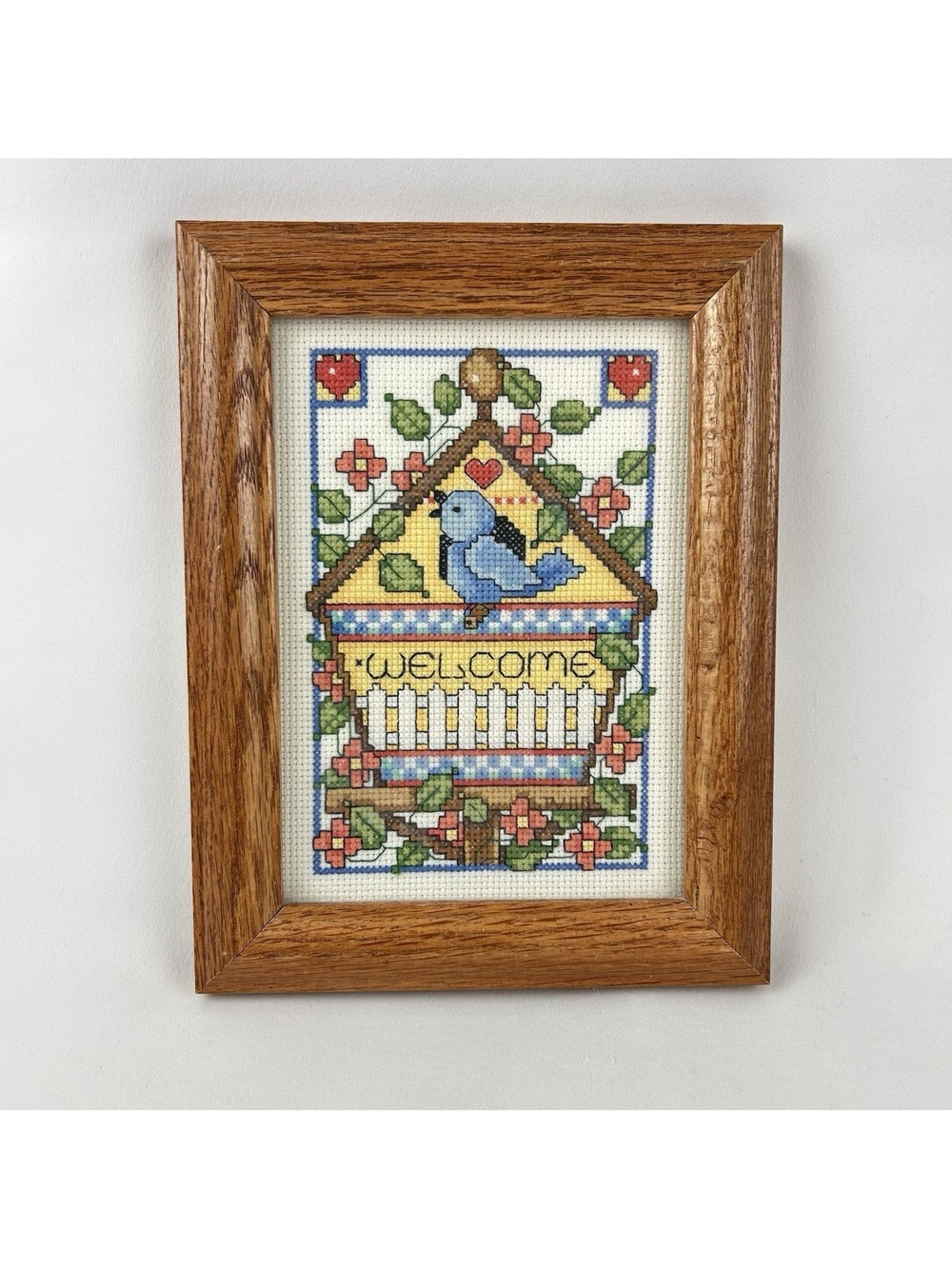 Vintage Cross Stitch Blue Bird & House Welcome Framed Picture Wall Art 5 X 7”